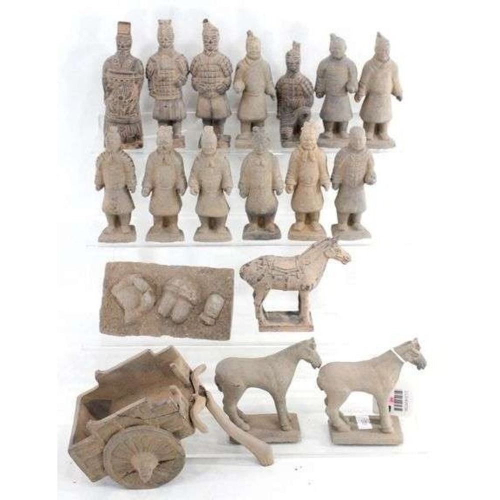 Vtg Chinese Terracotta Warrior Figurine Set 18pc Horses Chariot Xi'an Replica